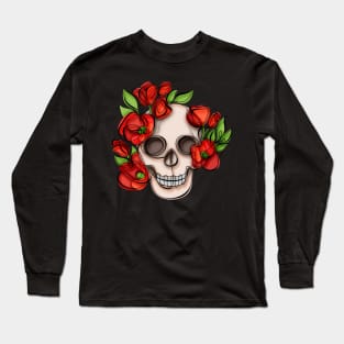 Minimalistic Continuous Line Skull with Poppies Long Sleeve T-Shirt